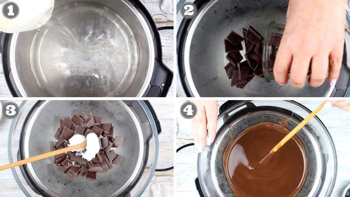 A four-step process showing how to melt chocolate. Step 1: Boil water. Step 2: Add chocolate chunks to a glass bowl. Step 3: Add coconut oil. Step 4: Stir the melted mixture.