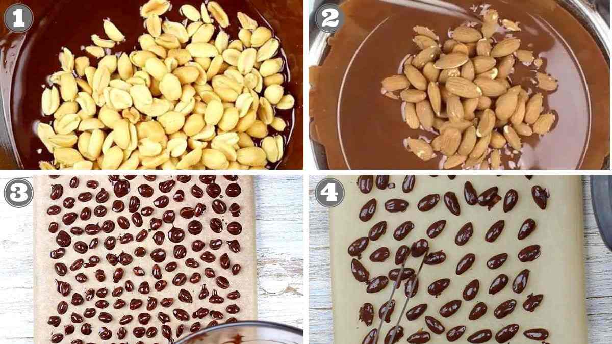 A four-step process: 1) Peanuts in melted chocolate. 2) Almonds in melted chocolate. 3) Chocolate drops on parchment paper. 4) Chocolate drops being spread on parchment paper.