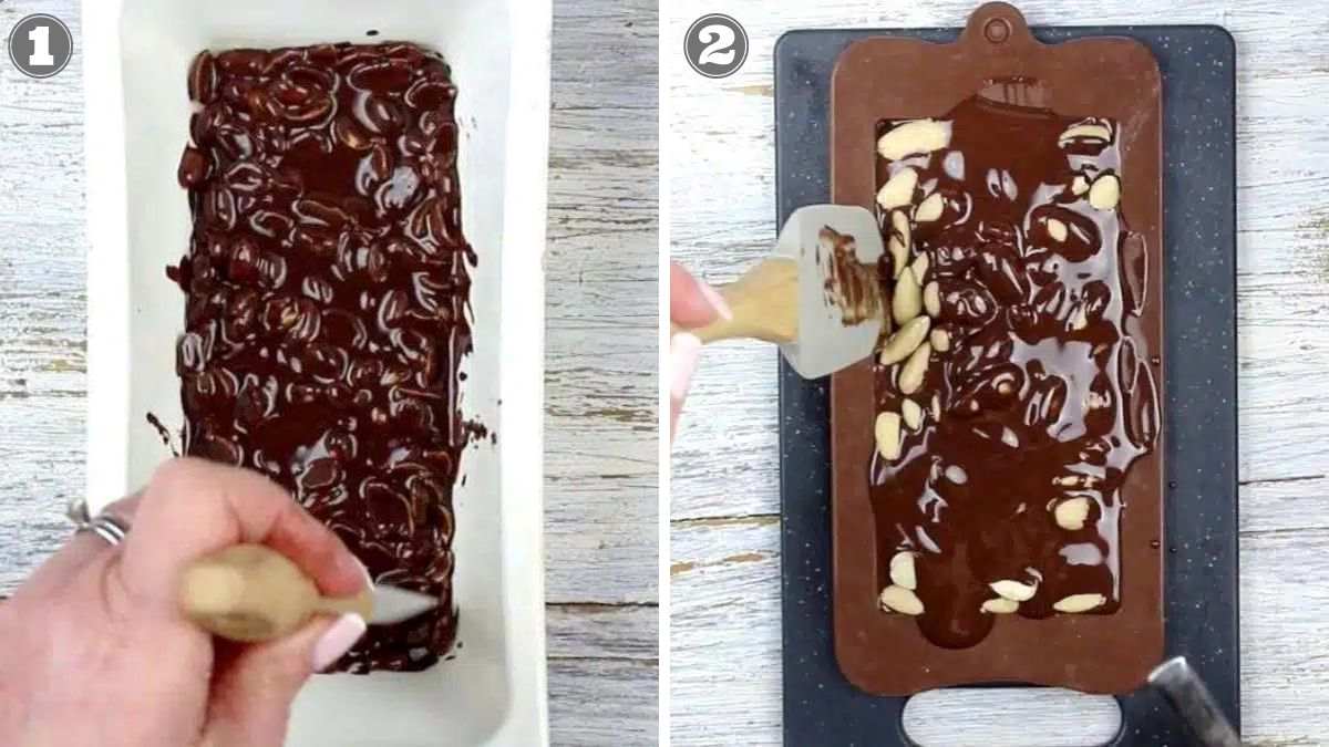 Two images show a person using a spatula to spread melted chocolate mixed with almonds in rectangular molds on a wooden surface. One mold is white, and the other is brown. Steps are labeled 1 and 2.
