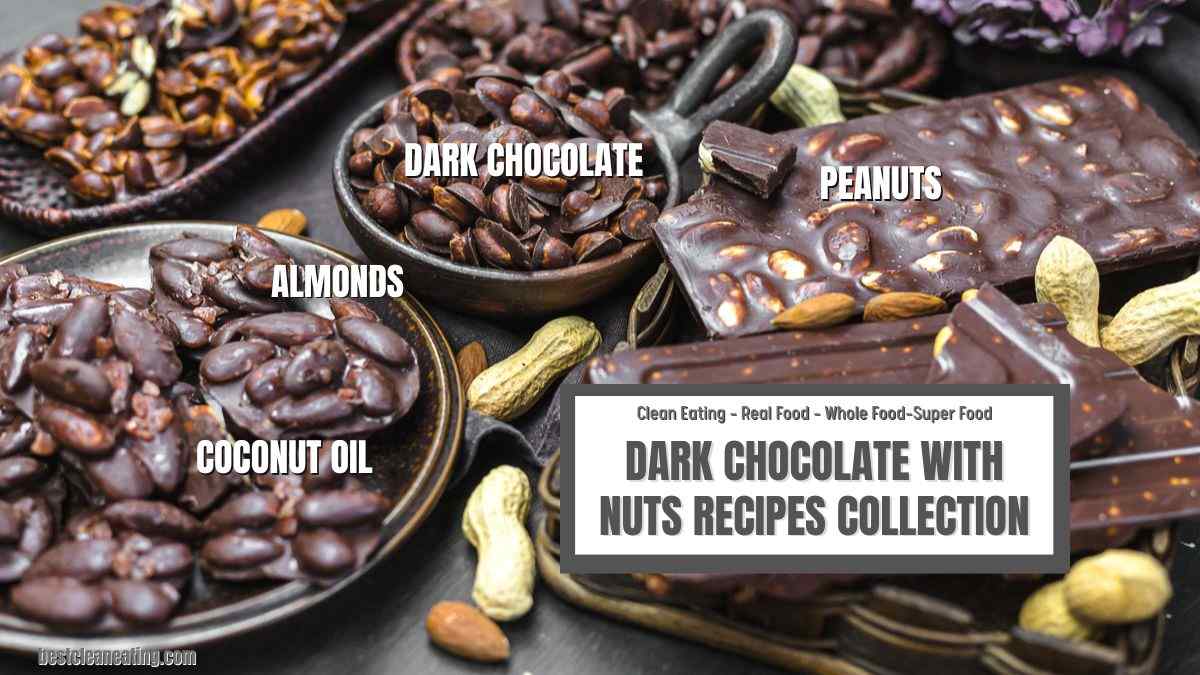 An assortment of dark chocolate bars with nuts on a table, featuring almonds, peanuts, dark chocolate beans, and coconut oil. A label reads "Dark Chocolate with Nuts Recipes Collection.