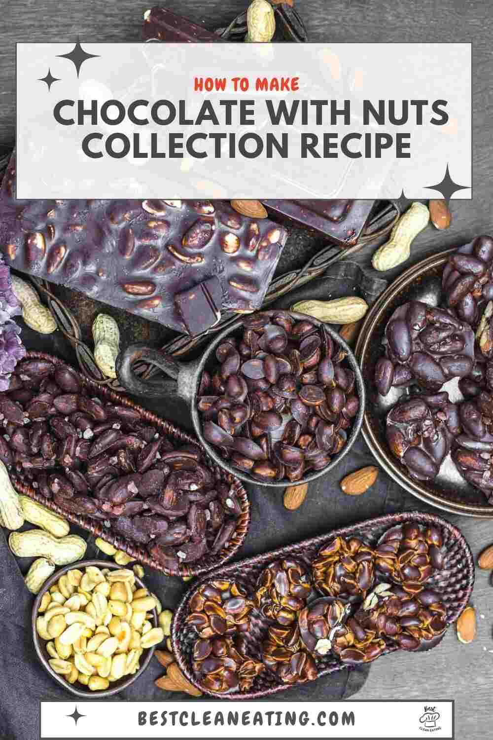 Assorted nuts and chocolate pieces displayed in wooden bowls and trays. Text at the top reads "How to Make Chocolate with Nuts Collection Recipe." Subtext reads "letscooktoday.com.