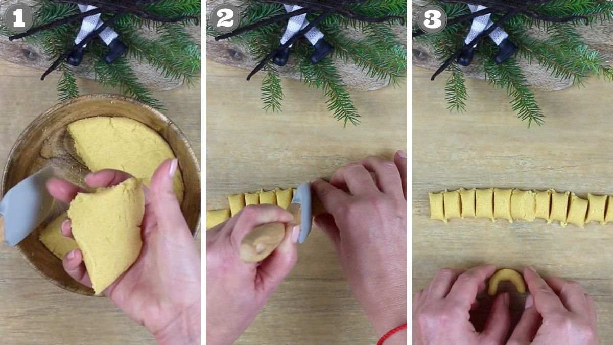 Step-by-step cookie dough preparation: cutting dough, slicing into pieces, and shaping sections into crescents on a wooden surface with festive decorations.