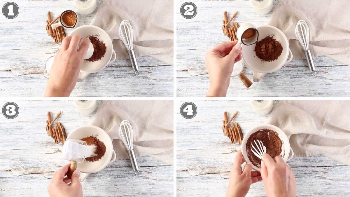 Step-by-step process of mixing cocoa powder, sugar, and flour in a bowl, using measuring spoons and a whisk.