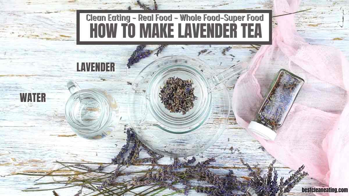Glass teapot and pitcher with lavender and water on a white wooden surface, labeled "How to Make Lavender Tea.