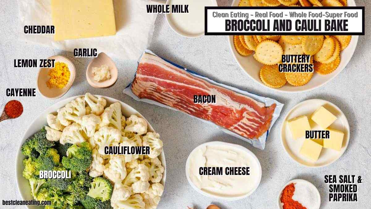 Ingredients for a broccoli and cauliflower bake are arranged on a countertop, including broccoli, cauliflower, bacon, cream cheese, cheese, crackers, and spices.