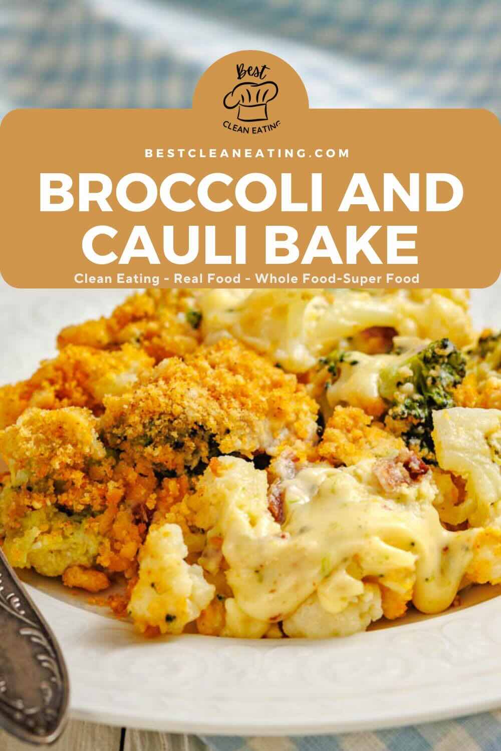 A plate of broccoli and cauliflower bake with a golden breadcrumb topping, served on a white dish.