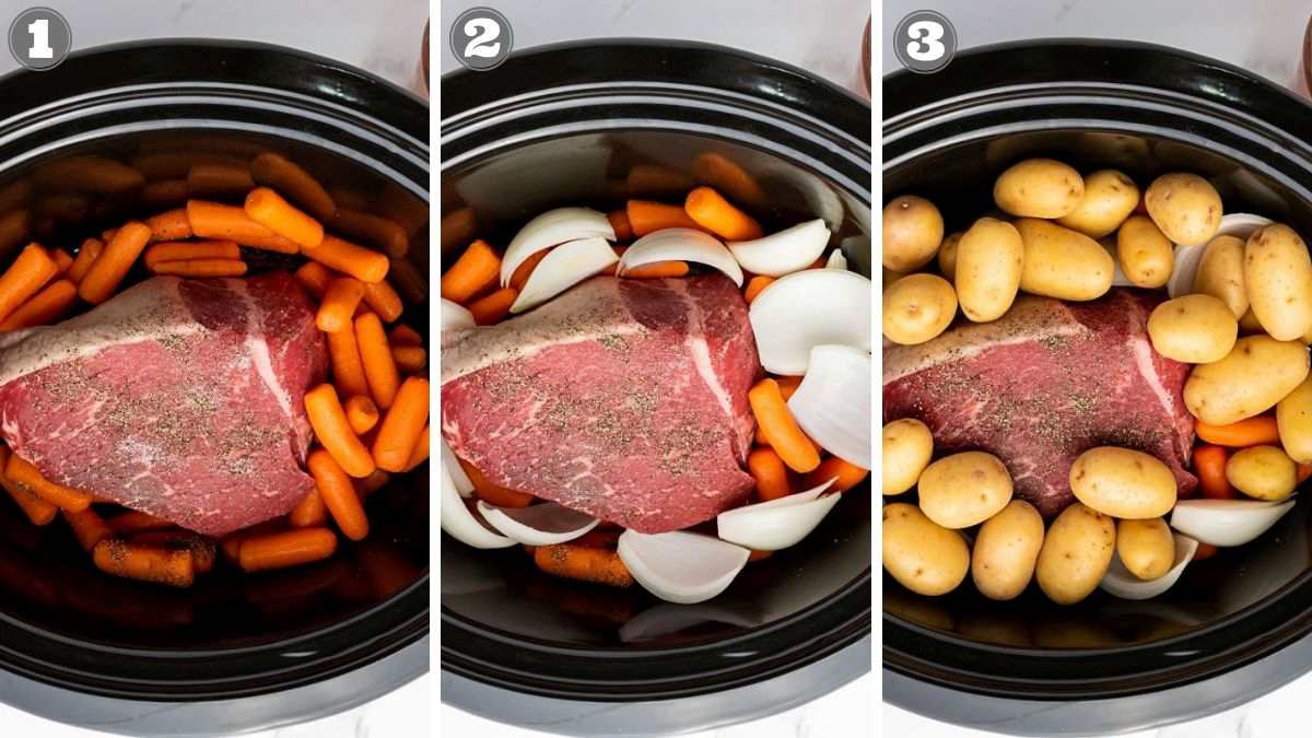 Three-panel image showing a slow cooker with a raw beef roast and carrots (left), then with added onion pieces (middle), and finally with whole baby potatoes (right).