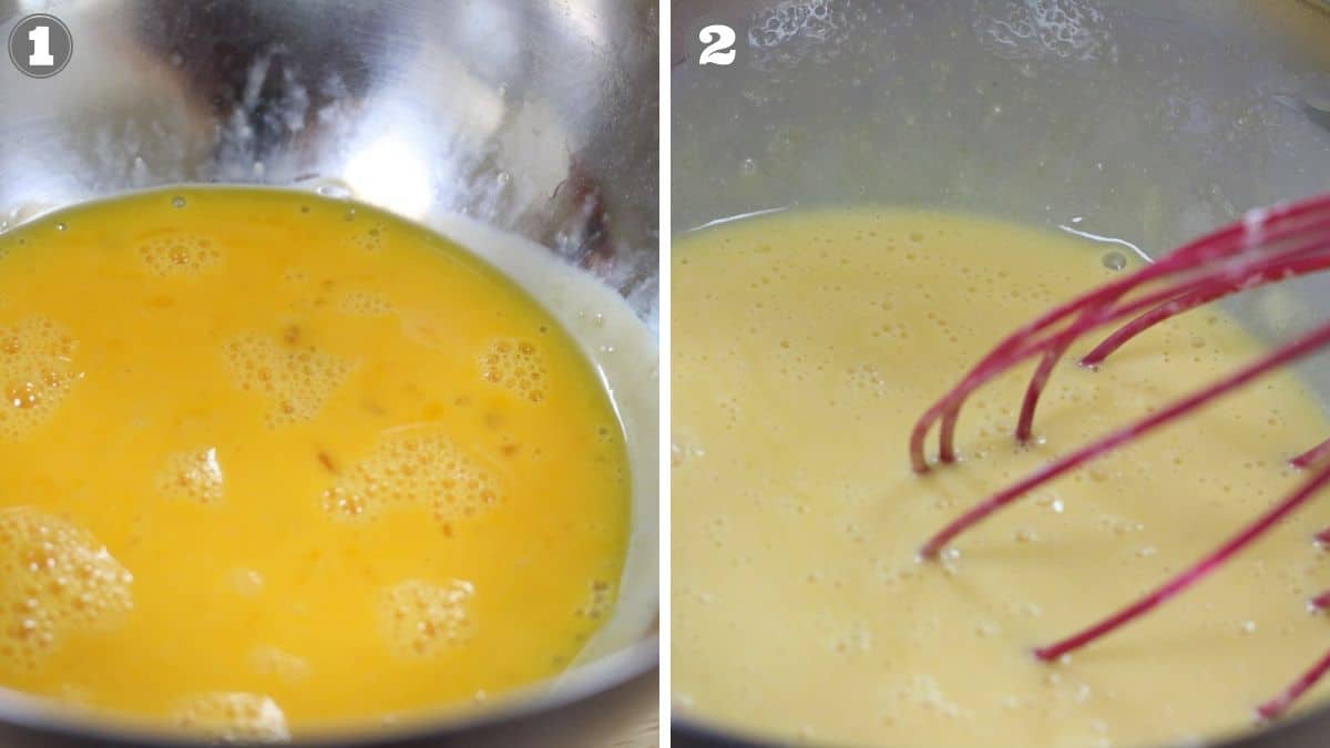Side-by-side images: the left shows beaten eggs in a metal bowl; the right shows a whisk mixing eggs in a bowl, the mixture slightly smoother.