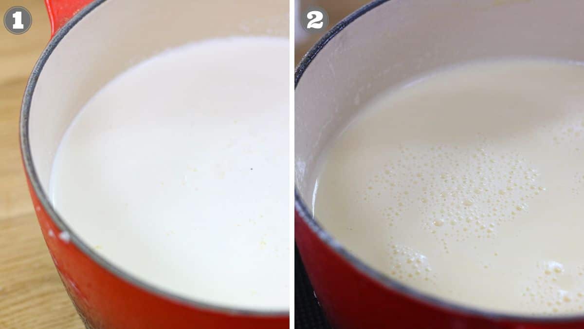 Side-by-side images show a red pot with cream heating on the stove: image 1 is smooth, image 2 shows small bubbles forming on the surface.