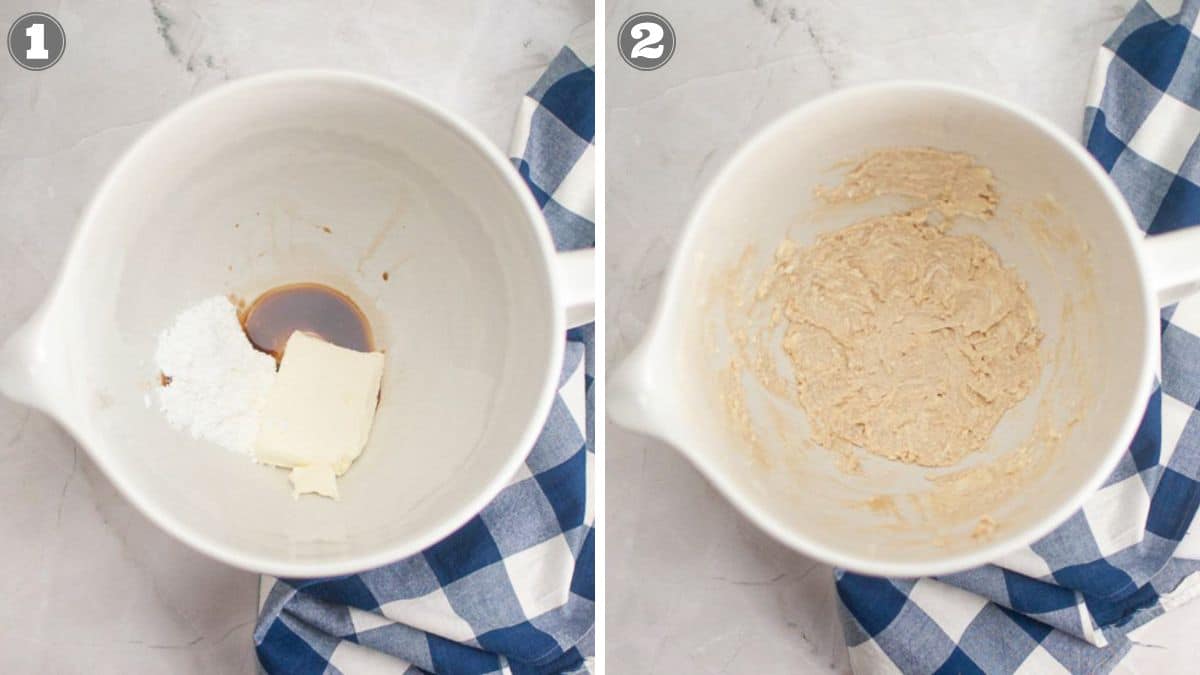 Side-by-side images show a mixing bowl with butter, powdered sugar, and vanilla on the left, and the same bowl with the ingredients creamed together on the right. Blue checked cloth beneath bowls.