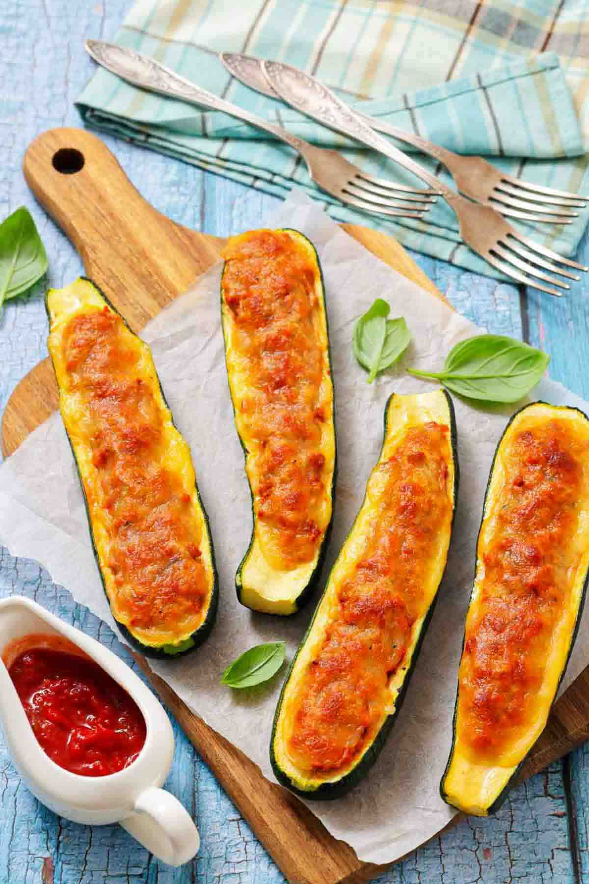 Four baked zucchini boats topped with melted cheese are arranged on a wooden board with parchment paper, garnished with basil, and served with a side of tomato sauce.