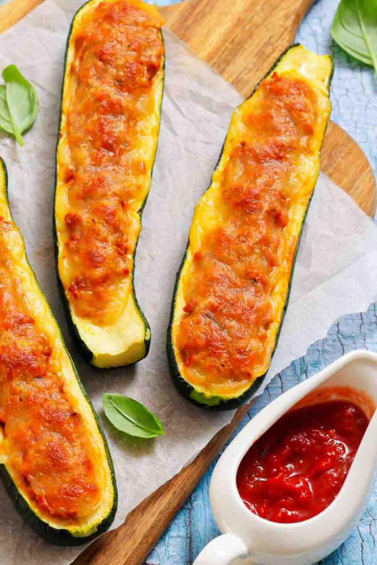 Three zucchini halves stuffed with melted cheese and a baked filling, served on parchment paper with tomato sauce on the side.