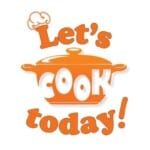 Orange text "Let's cook today!" with a chef hat on the "L" and a pot graphic behind the word "cook" on a white background.