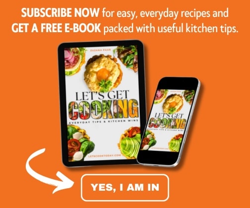 Tablet and smartphone displaying an e-book titled "Let's Get Cooking" with various food images; promotional text offers a free e-book for subscribing.
