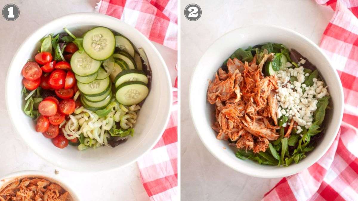Side-by-side images: one bowl with lettuce, cherry tomatoes, cucumbers, and peppers; another bowl with lettuce, shredded chicken, and crumbled cheese on a white surface with a red plaid cloth.