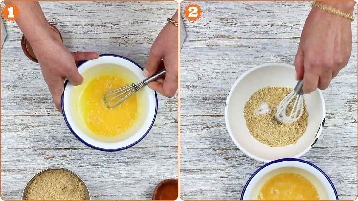 Whisking eggs and breadcrumbs in separate bowls.