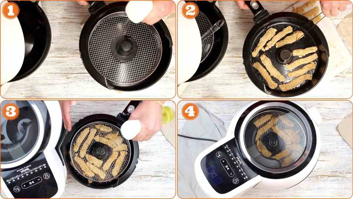 Placing breaded chicken strips into air fryer.