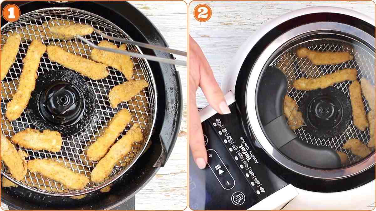 Cooking and flipping chicken strips in air fryer.