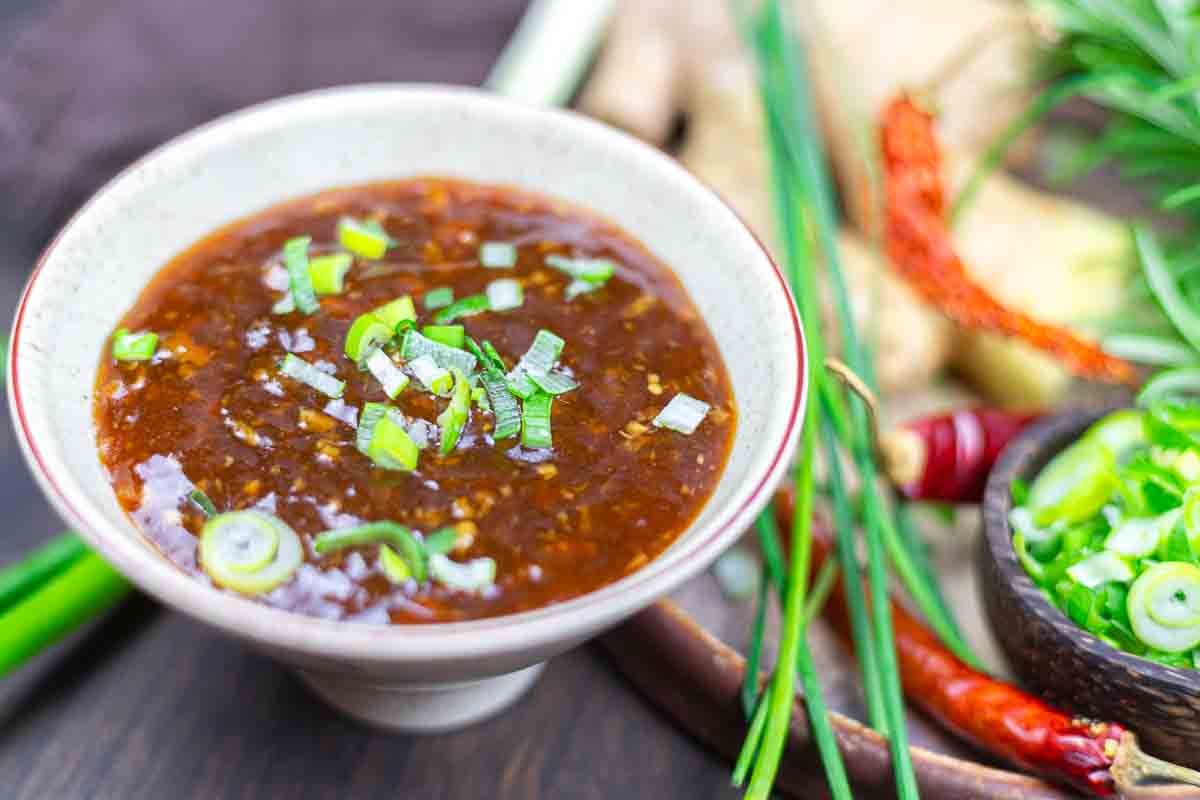 Chilli garlic sauce with herbs and spices.