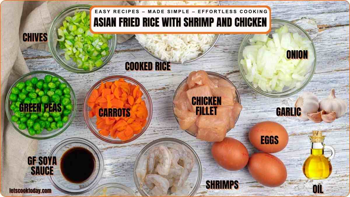 Asian fried rice ingredients in separate bowls.