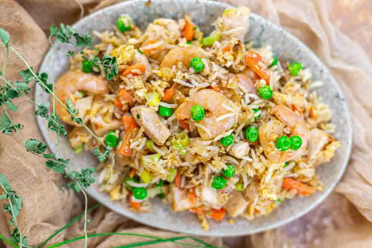 Overhead view of colorful fried rice dish.