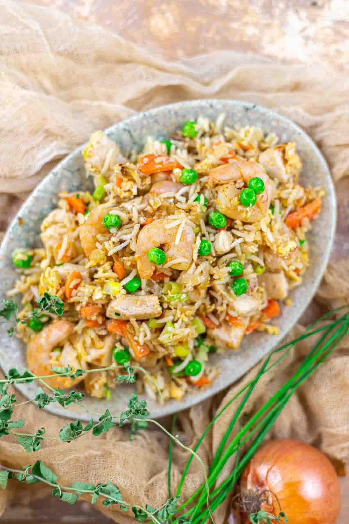 Bowl of Asian fried rice with shrimp.