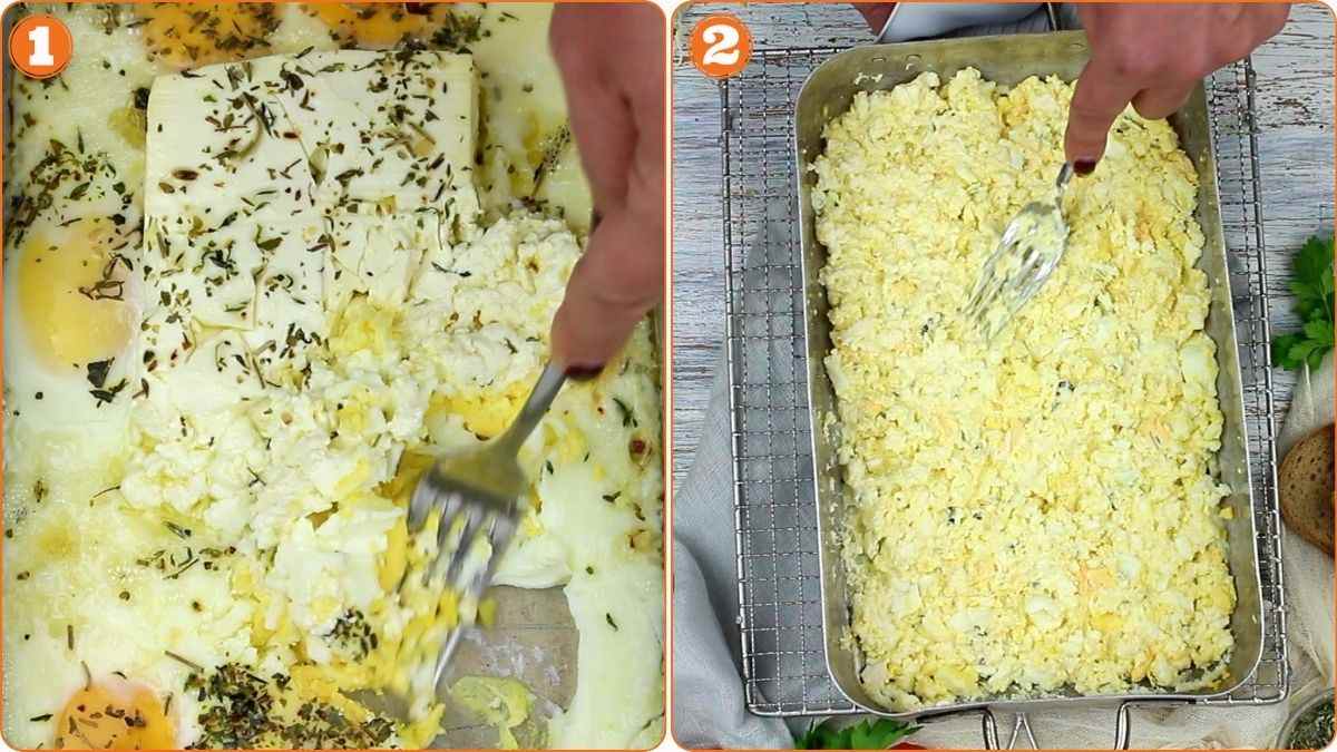 Step 1: Eggs, herbs, and cheese are being mixed with a fork; Step 2: Mixture is mashed with a fork in a baking dish.