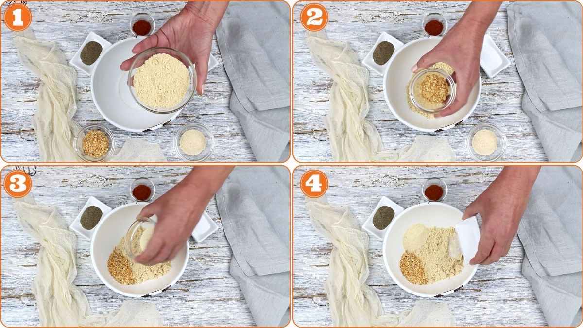 Breadcrumbs and garlic added into mixing bowl.