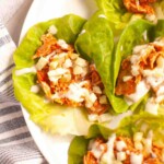 Overhead view of buffalo chicken lettuce wraps.