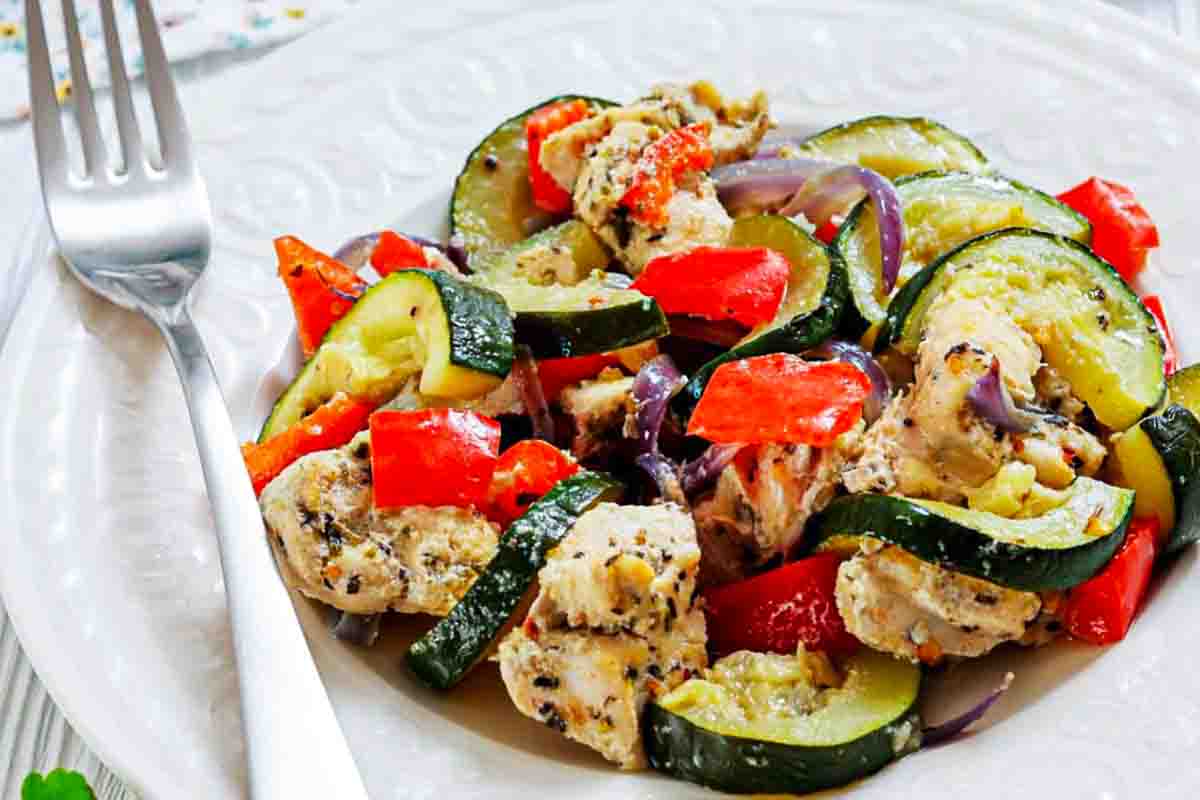 Italian chicken with roasted zucchini and bell peppers.
