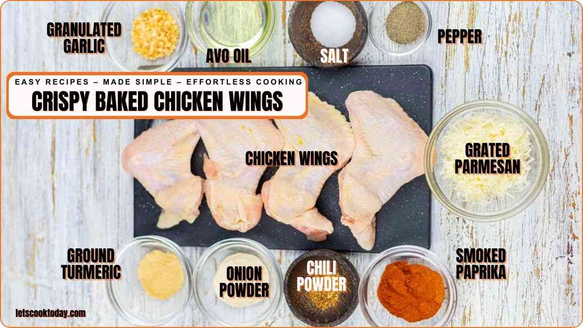 Raw chicken wings on a cutting board surrounded by labeled bowls of spices and ingredients, including parmesan, turmeric, chili powder, smoked paprika, garlic, onion powder, salt, pepper, and oil.