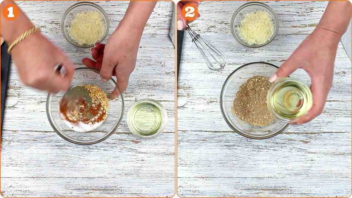 Two images show hands mixing dry ingredients in a glass bowl, then adding oil, with small bowls of shredded cheese and more ingredients nearby on a white wooden surface.