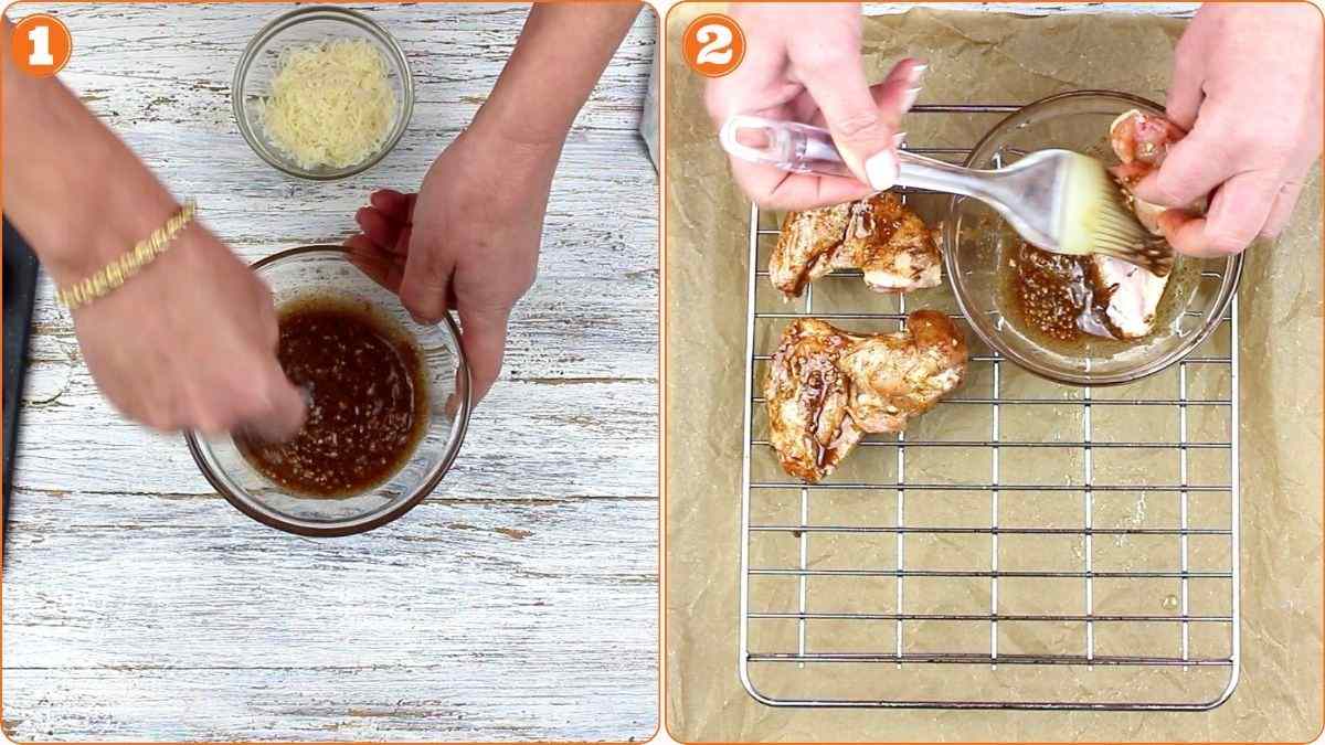 Step 1: Hands mixing sauce in a glass bowl. Step 2: Brushing sauce onto chicken pieces placed on a rack over parchment paper.
