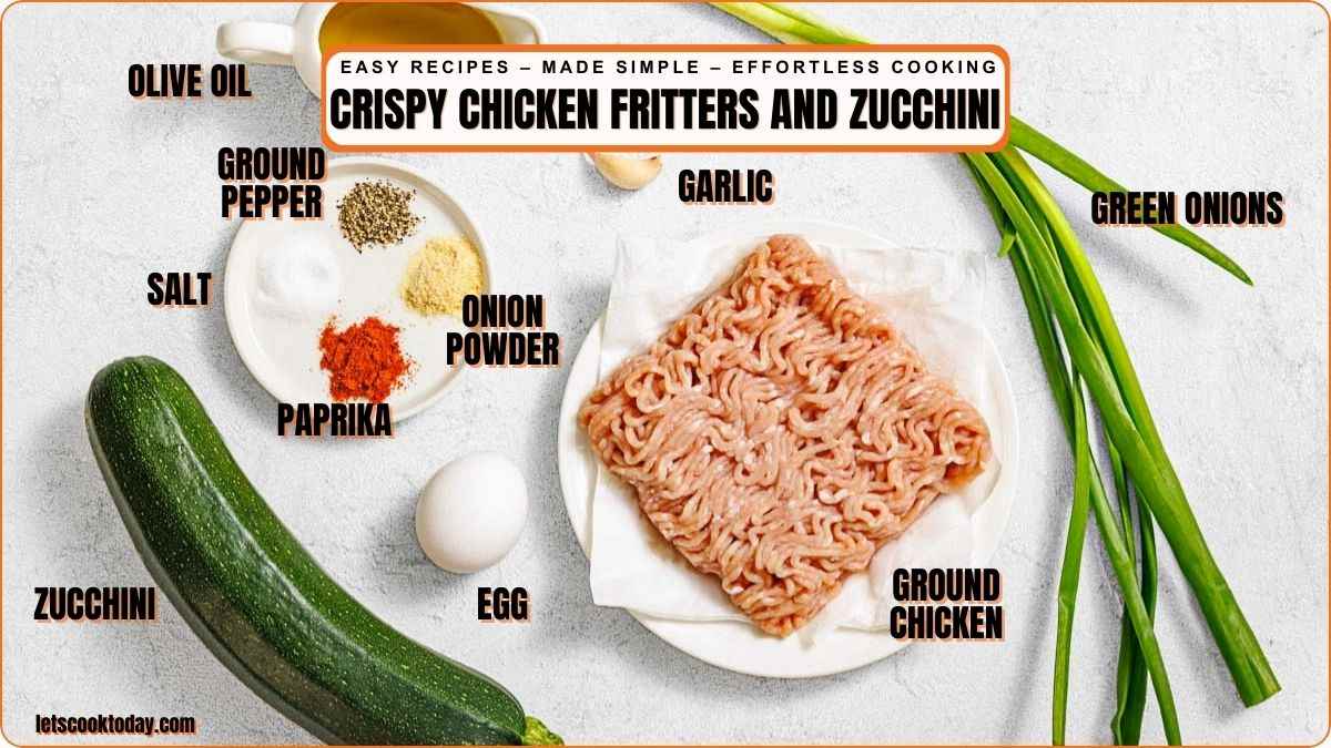 Ground chicken zucchini spices and herbs arranged neatly.