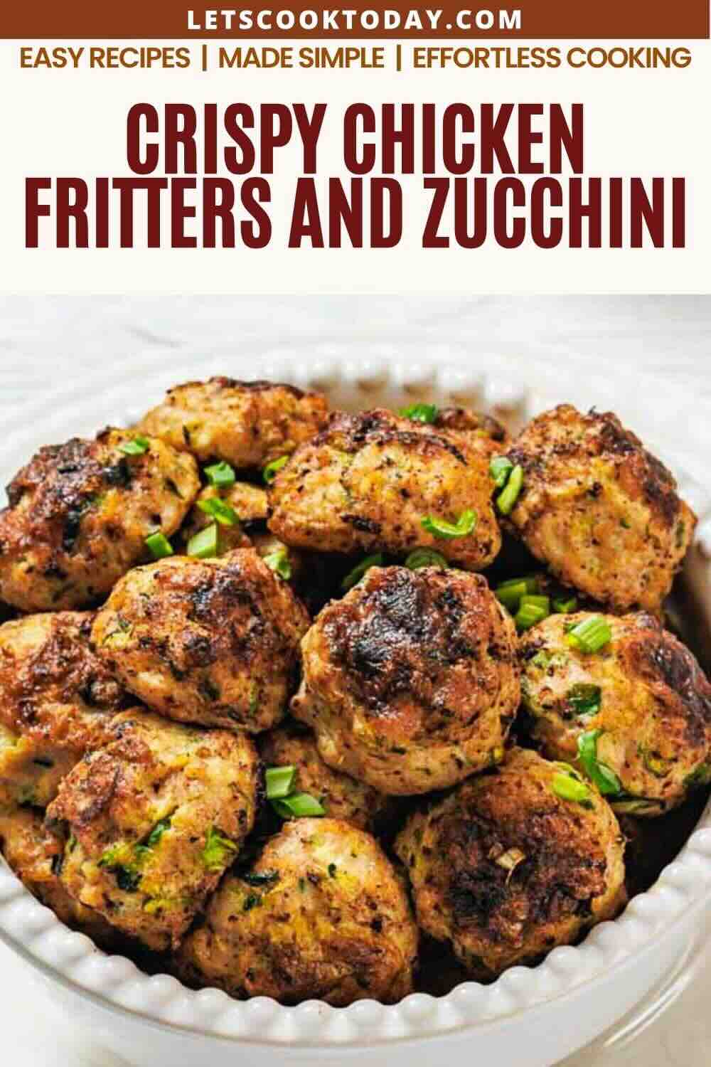 Crispy chicken fritters and zucchini in bowl.