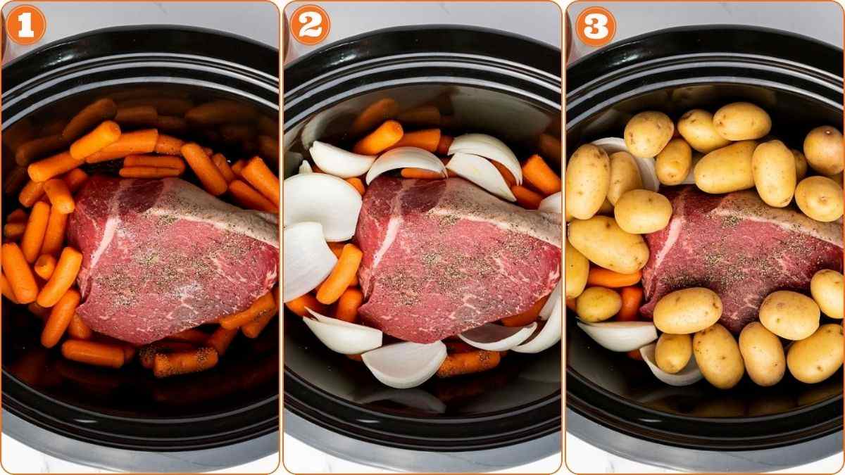 Adding carrots onions and potatoes around roast.