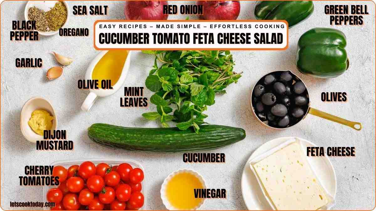 Fresh salad ingredients arranged neatly on counter.
