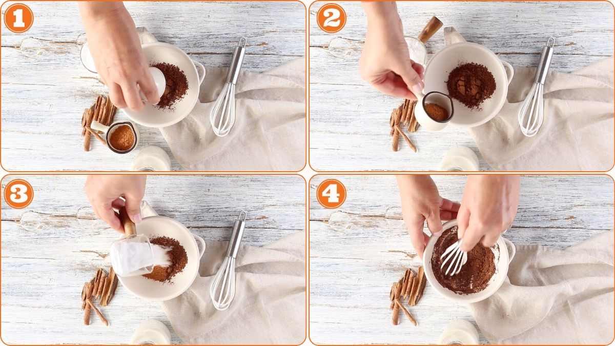 Four-step collage showing hands adding ingredients to a bowl with cocoa powder, then whisking the mixture; utensils and cinnamon sticks are on a white wooden surface.