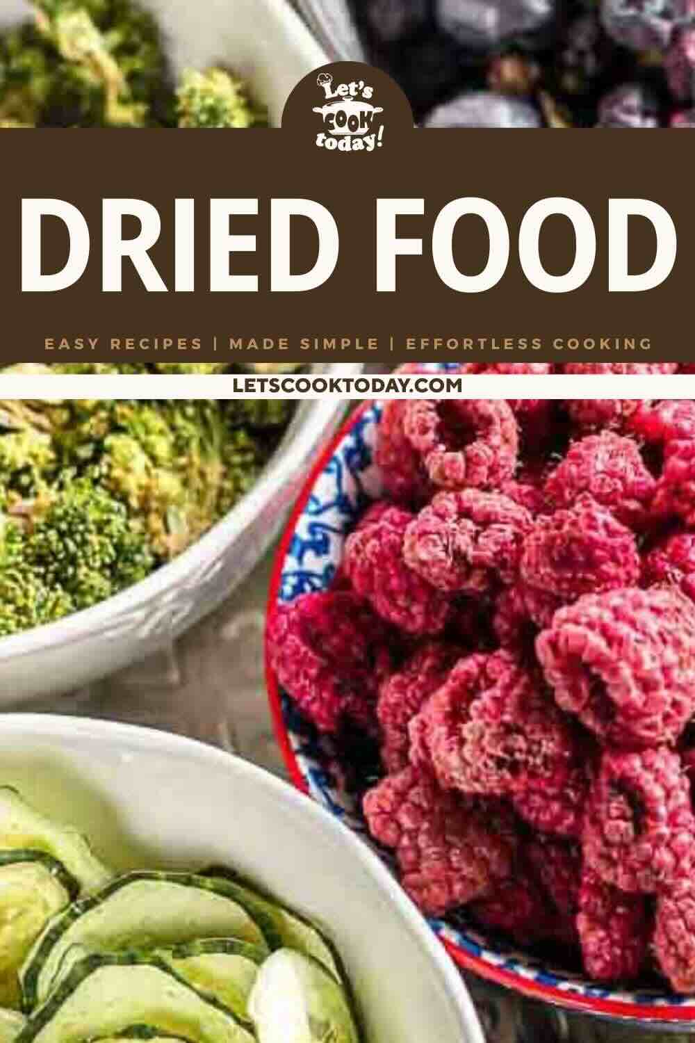 Assorted dried fruits and vegetables in bowls.