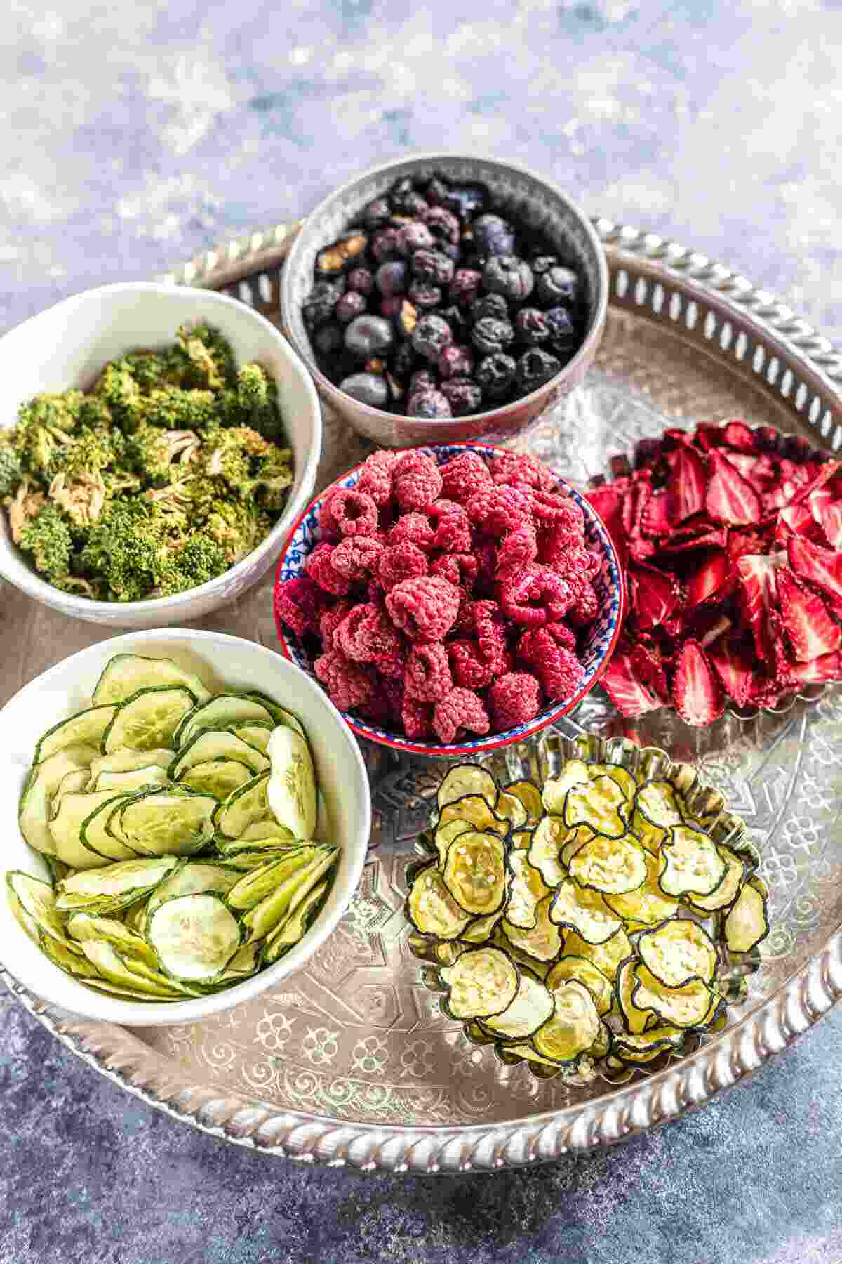 Overhead view of assorted dried fruits and veggies.