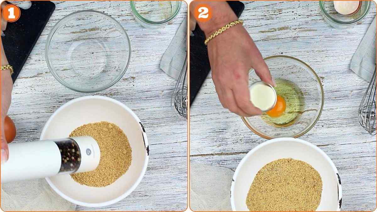 Egg and breadcrumbs in glass bowl.