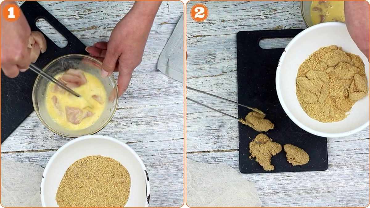 Coating chicken pieces with breadcrumbs after dipping.