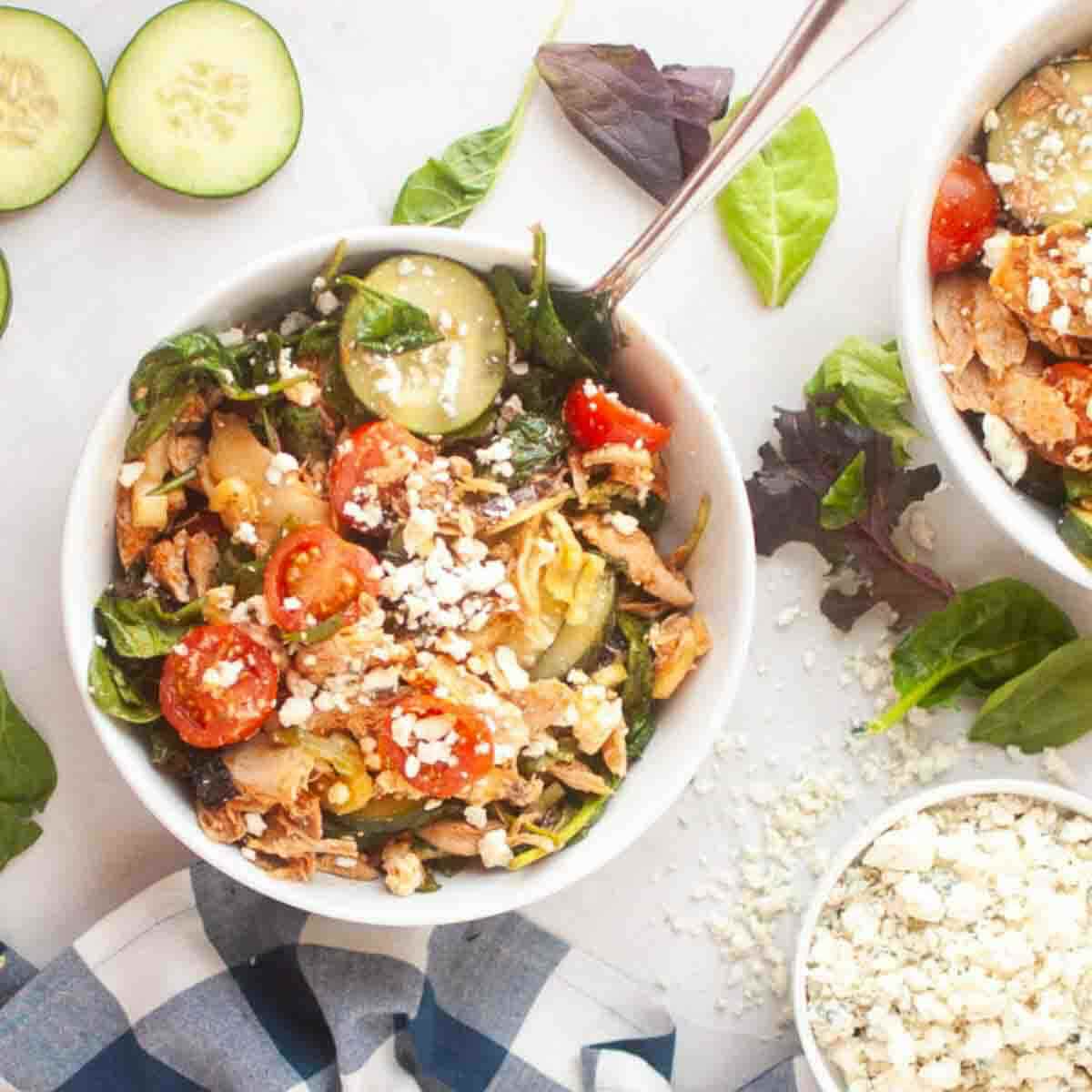 Overhead view of buffalo chicken salad bowl.