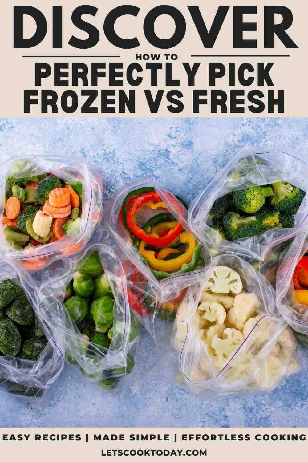 Bags of frozen mixed vegetables on counter.