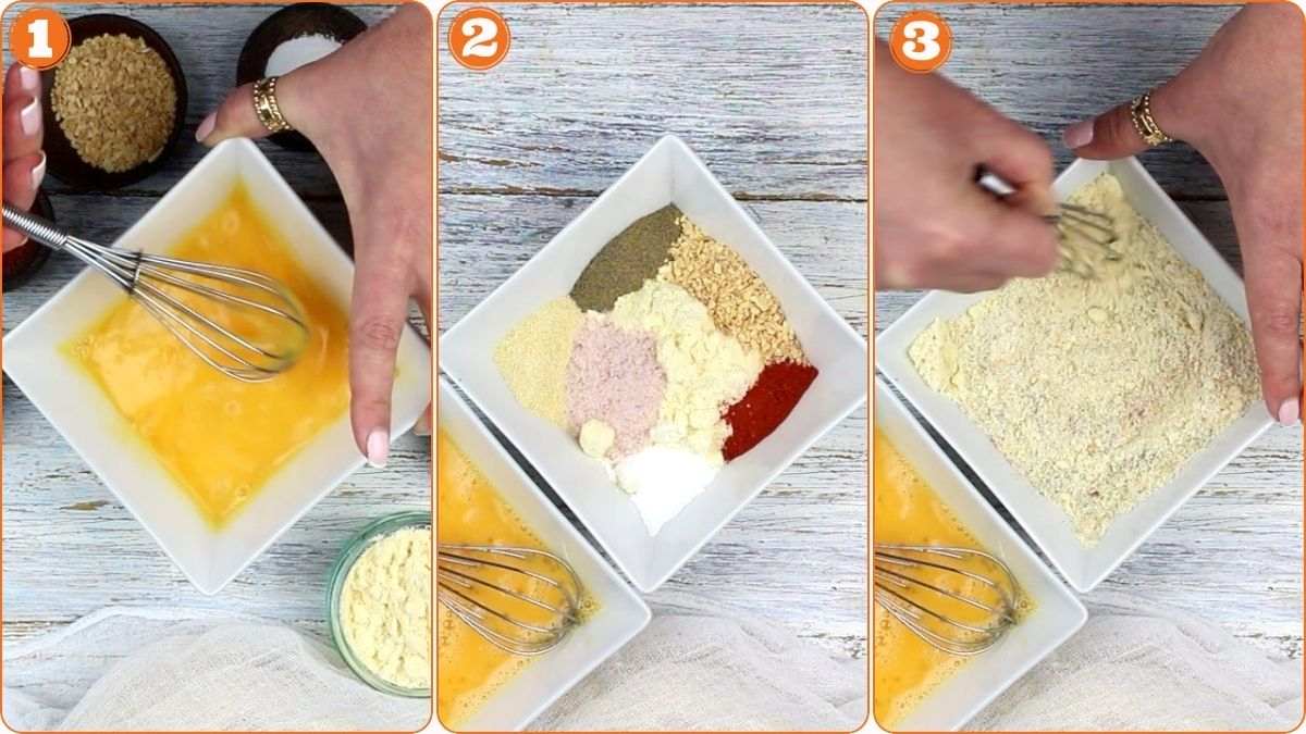 Three-step process: whisking eggs in a bowl, adding various powdered seasonings to another bowl, then mixing the seasonings together with a small whisk.