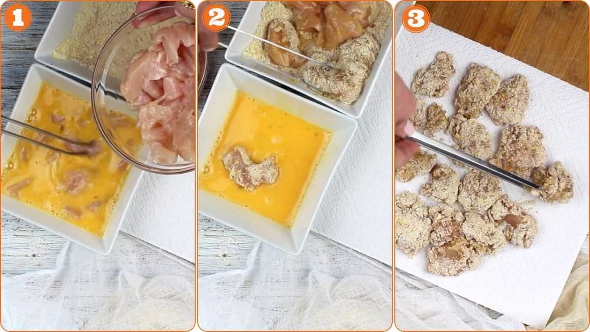 Three-step process showing chicken pieces coated in flour, dipped in egg, then dredged in breadcrumbs, and finally placed on a paper towel-lined surface.