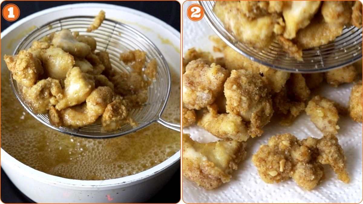 Two-step image: Left shows battered pieces being lifted from hot oil; right shows fried pieces placed on paper towels to drain excess oil.
