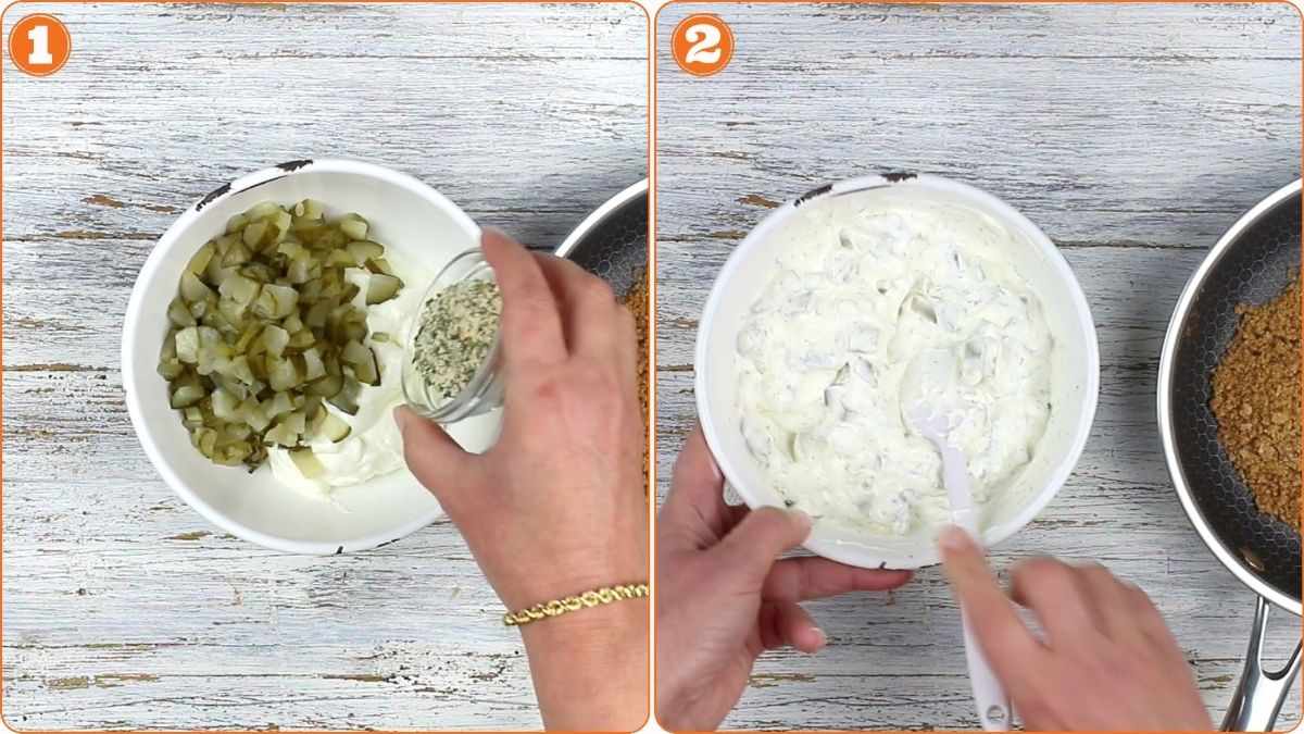 Mixing chopped pickles sour cream ranch seasoning.