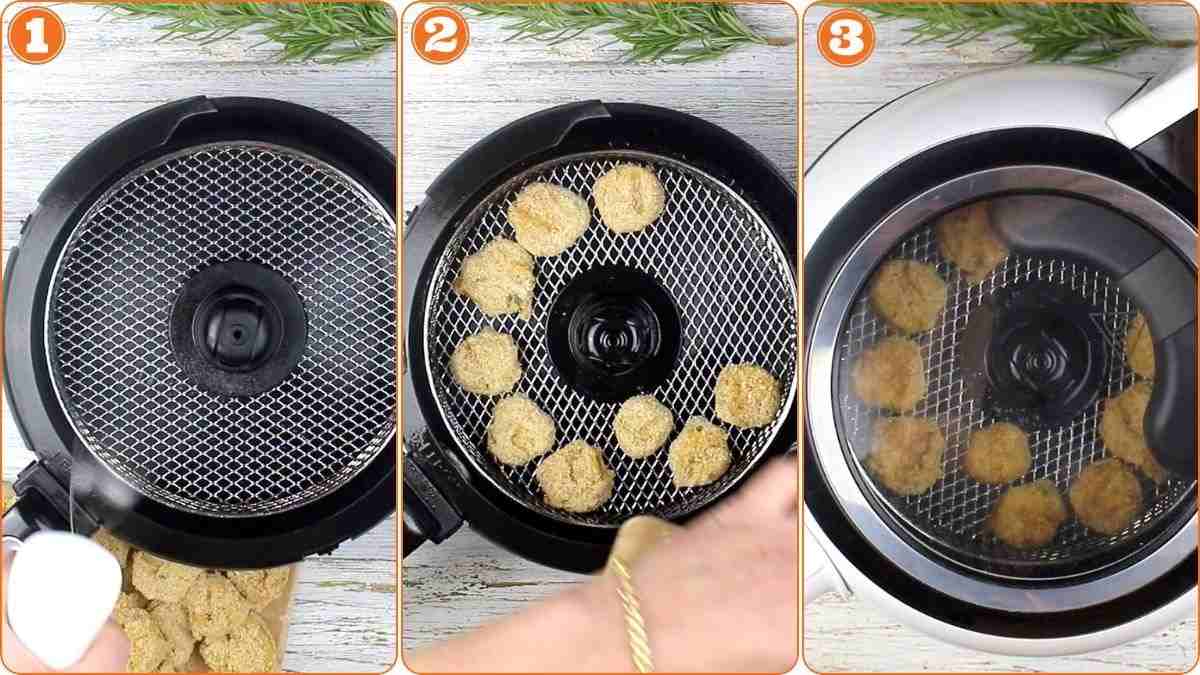 Step-by-step images showing chicken nuggets being placed in an air fryer basket, arranged in a single layer, and cooked inside the air fryer.