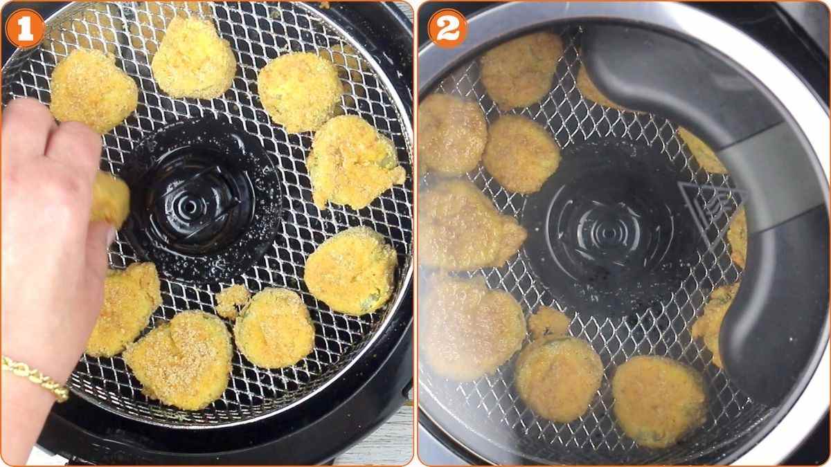 A hand places breaded nuggets in an air fryer basket on the left; on the right, the nuggets cook inside the closed air fryer.